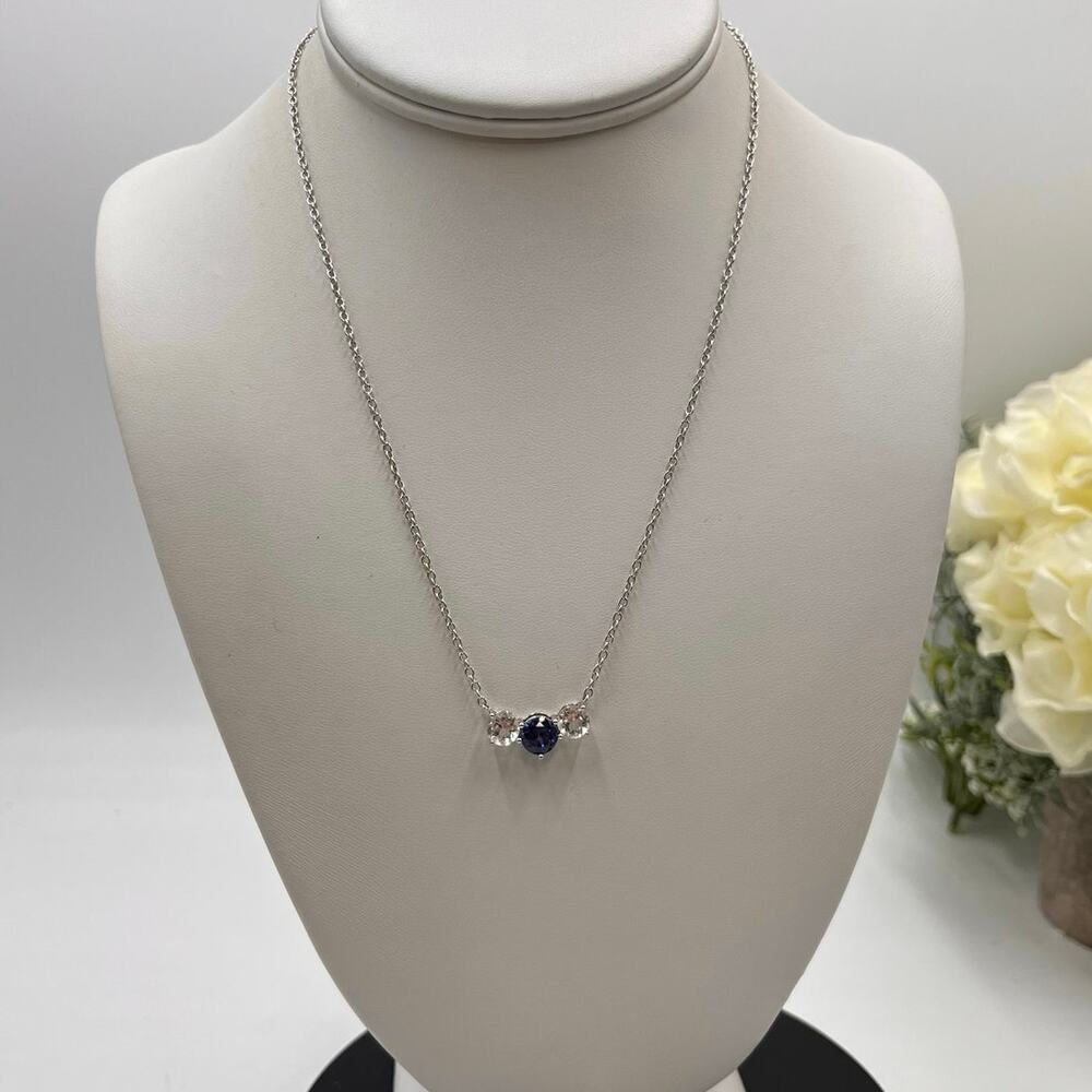 FZN Sterling Silver‎ 925 Three Stone Blue Sapphire and White Topaz Necklace